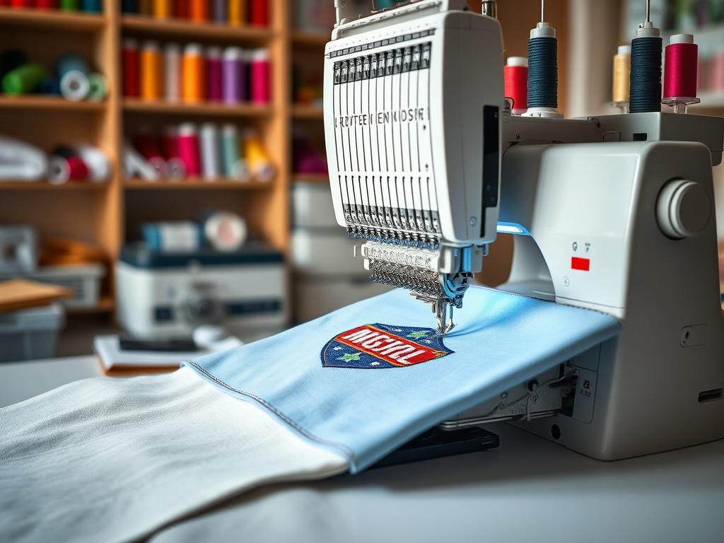 Create a realistic high-resolution photo that captures the essence of a skilled embroiderer's workspace. The composition should be simple and clear, featuring a single subject: a high-quality embroidery machine in action, stitching a vibrant logo onto a piece of fabric. The background should be softly blurred to maintain focus on the machine while hinting at a well-organized workspace filled with colorful threads neatly arranged on shelves. Soft, natural lighting should illuminate the scene, highlighting th