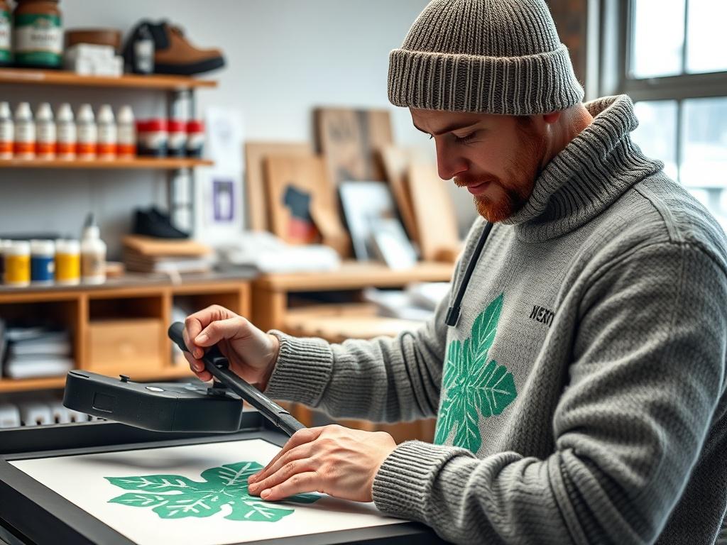 Create a realistic high-resolution photo showcasing a winter-themed screen printing scene. The composition should focus on a single subject: a skilled screen printer gently pulling a squeegee across a white fabric, showcasing a vibrant green winter design (reflecting the rgb(0, 172, 54) color). The printer should be wearing a warm, cozy sweater and a beanie, emphasizing the winter atmosphere. 

In the background, include a tidy print shop with shelves lined with inks, tools, and printed samples, softly blur