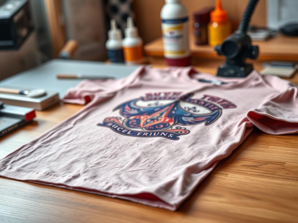 Create a realistic high-resolution photo of a neatly arranged t-shirt printing setup. The focal point should be a vibrant, freshly printed t-shirt, showcasing intricate designs and bright colors indicating quality craftsmanship. The t-shirt should be laid flat on a clean wooden table, with a close-up shot that captures its texture and print details, reflecting quality and attention to detail.

In the background, include a simple yet organized workspace with essential t-shirt printing supplies such as a scre