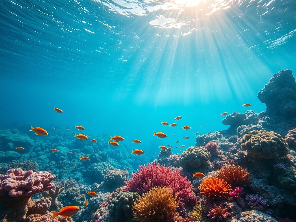 A serene underwater scene showcasing vibrant coral reefs alive with various marine life, including colorful fish swimming amongst the corals. The light filters through the water, creating a tranquil and inviting atmosphere. The composition should capture the beauty and diversity of the underwater ecosystem, with an emphasis on the colorful corals and the peacefulness of the marine environment.