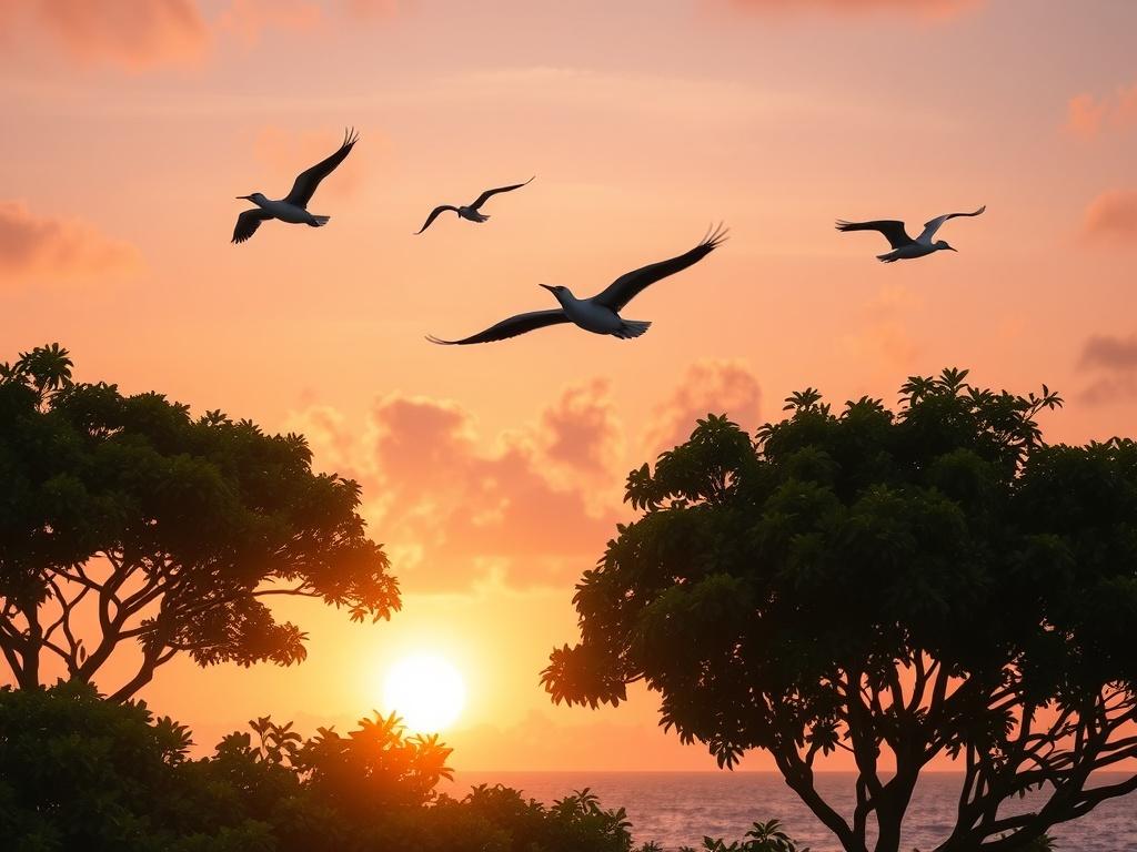 A peaceful sunset view of the bird sanctuary on Namena