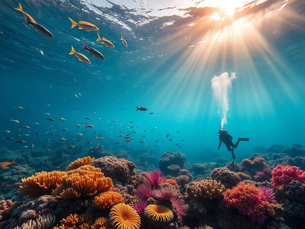 An enchanting underwater scene depicting a vibrant coral garden teeming