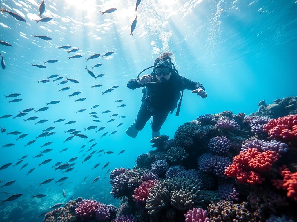 A diver exploring a colorful coral reef, surrounded by schools