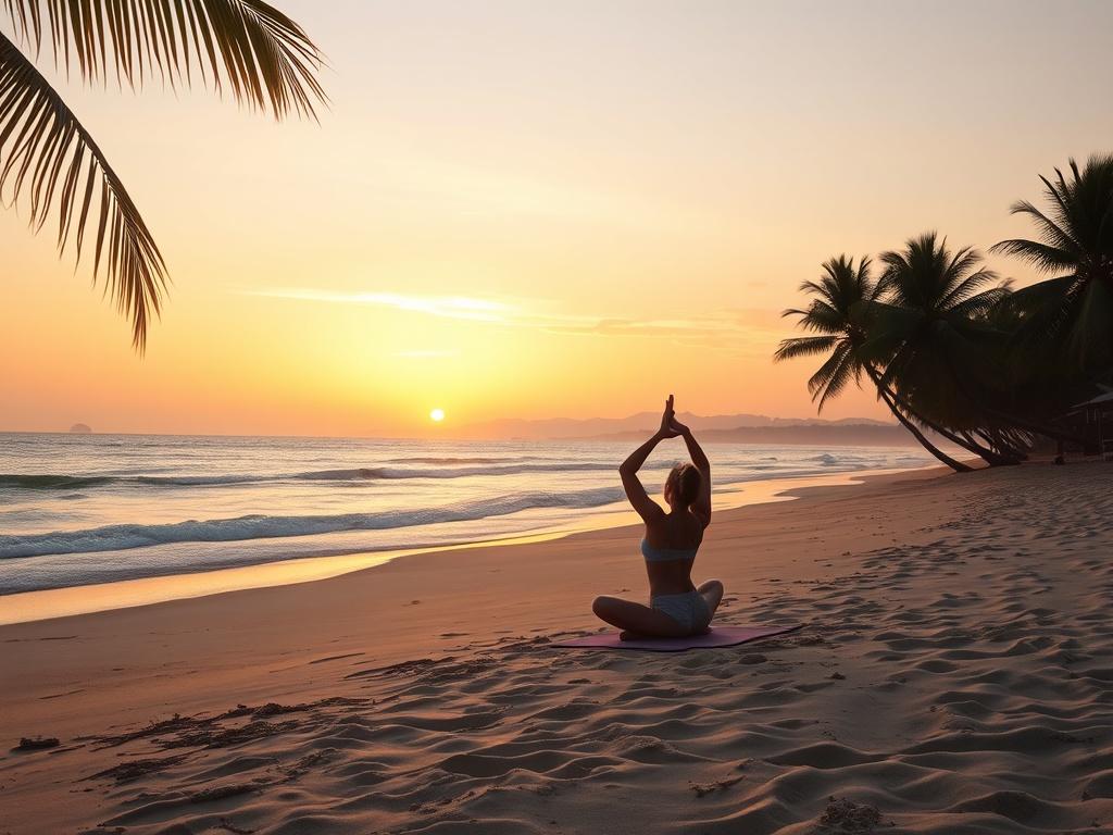A peaceful beach scene at sunrise with a person practicing