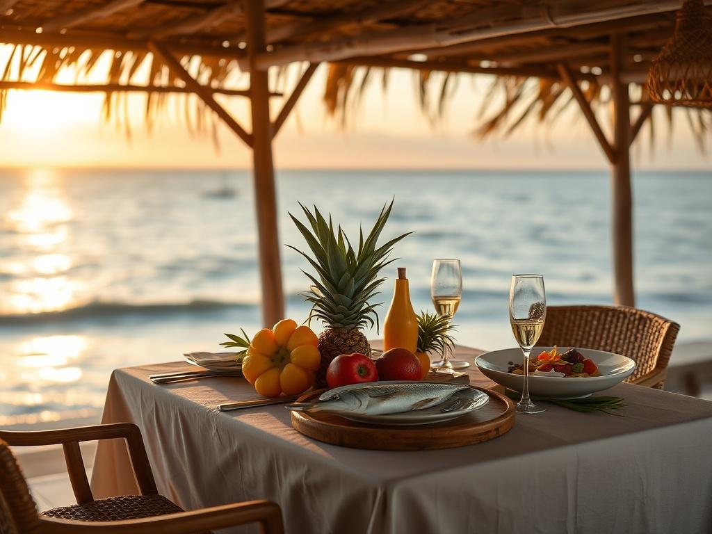 An open air dining setup overlooking the ocean, with a
