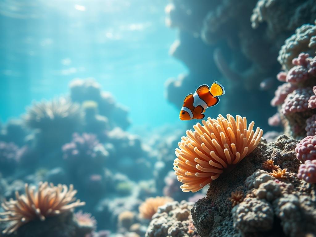 A serene underwater scene showcasing a vibrant coral reef. The focus is on a single clownfish playfully hovering near a bright anemone. The background features varied coral formations and soft sunlight filtering through the water, creating a tranquil atmosphere. The colors are rich and vivid, emphasizing the beauty and diversity of marine life. The composition is simple and clear, capturing the essence of life beneath the surface.