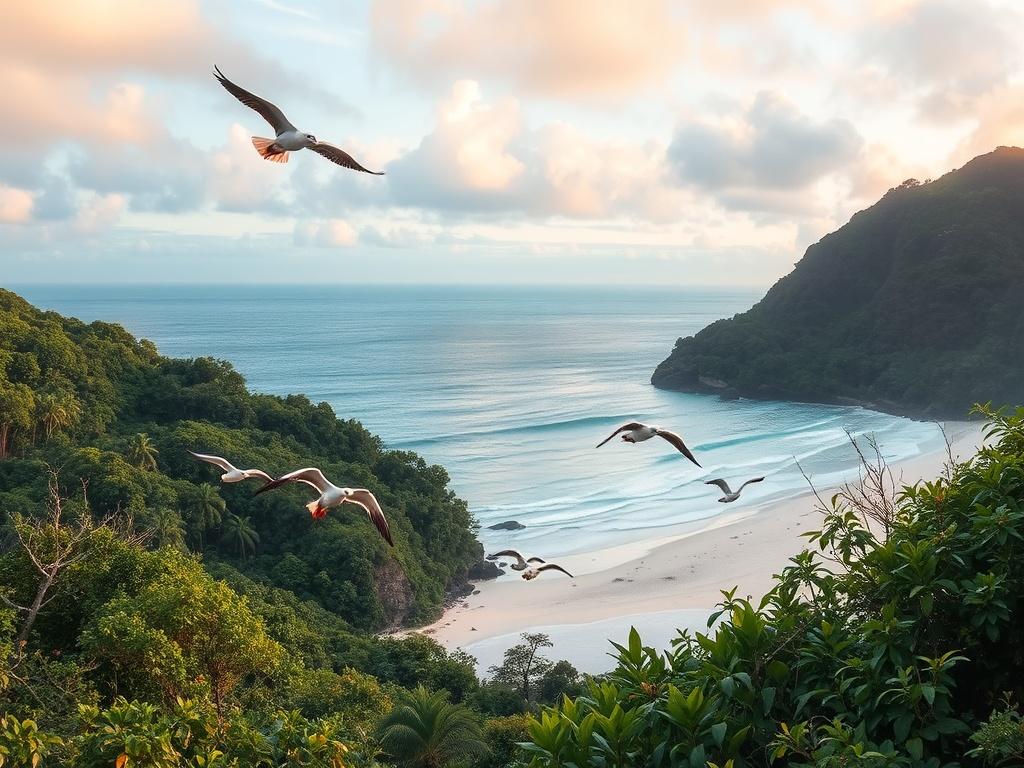 A serene view of Namena Island showcasing its lush, untouched forests and pristine beaches. The foreground includes a vibrant bird sanctuary with Red-footed Boobies and Tropicbirds in flight, while the background reveals gentle waves lapping against the shore under a soft, pastel sky. The image should evoke a sense of tranquility and connection to nature, with gentle lighting highlighting the verdant landscape.