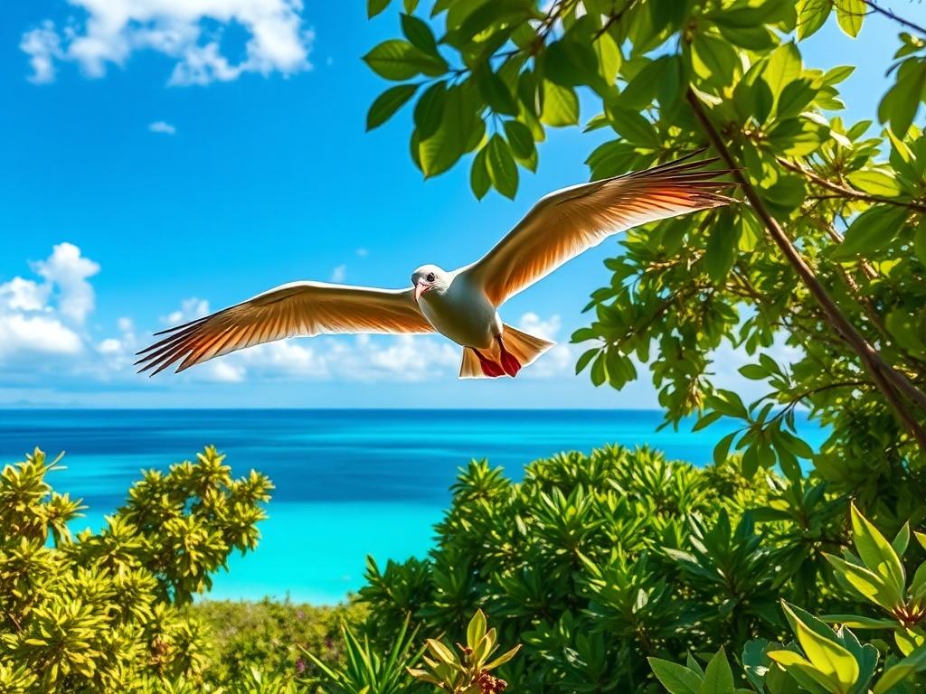 **Prompt for AI Image Generator:**

Create a realistic high-resolution photo depicting a **Red-Footed Booby** gracefully soaring above the lush greenery of Namena Island, Fiji. The composition should feature the booby as the single subject in sharp focus against the pristine blue sky, highlighting its distinctive cherry-red feet and elegant wingspan. The background should showcase a vivid landscape of rich, island foliage with dappled sunlight filtering through the leaves, creating a serene, tropical ambian