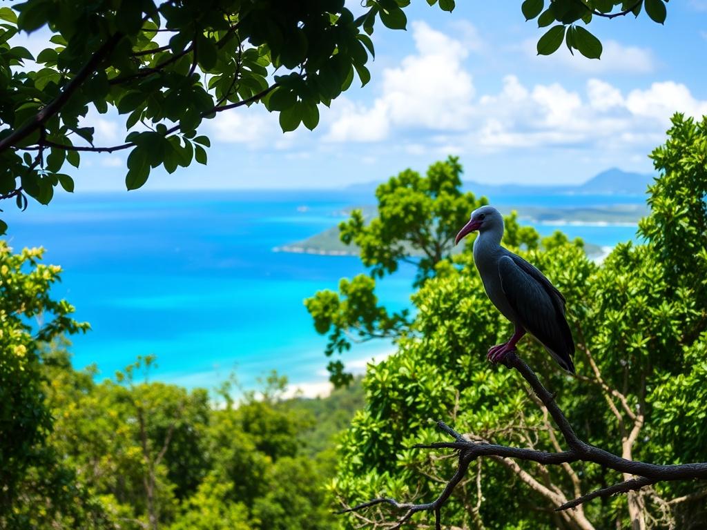 A serene view of Namena Island, showcasing lush green trees and a vibrant blue ocean. The foreground features a single Red-footed Booby perched on a branch, while the background displays the untouched landscape of the island with a clear sky. The lighting is soft and natural, capturing the tranquil atmosphere of the island, emphasizing its ecological beauty and resilience.