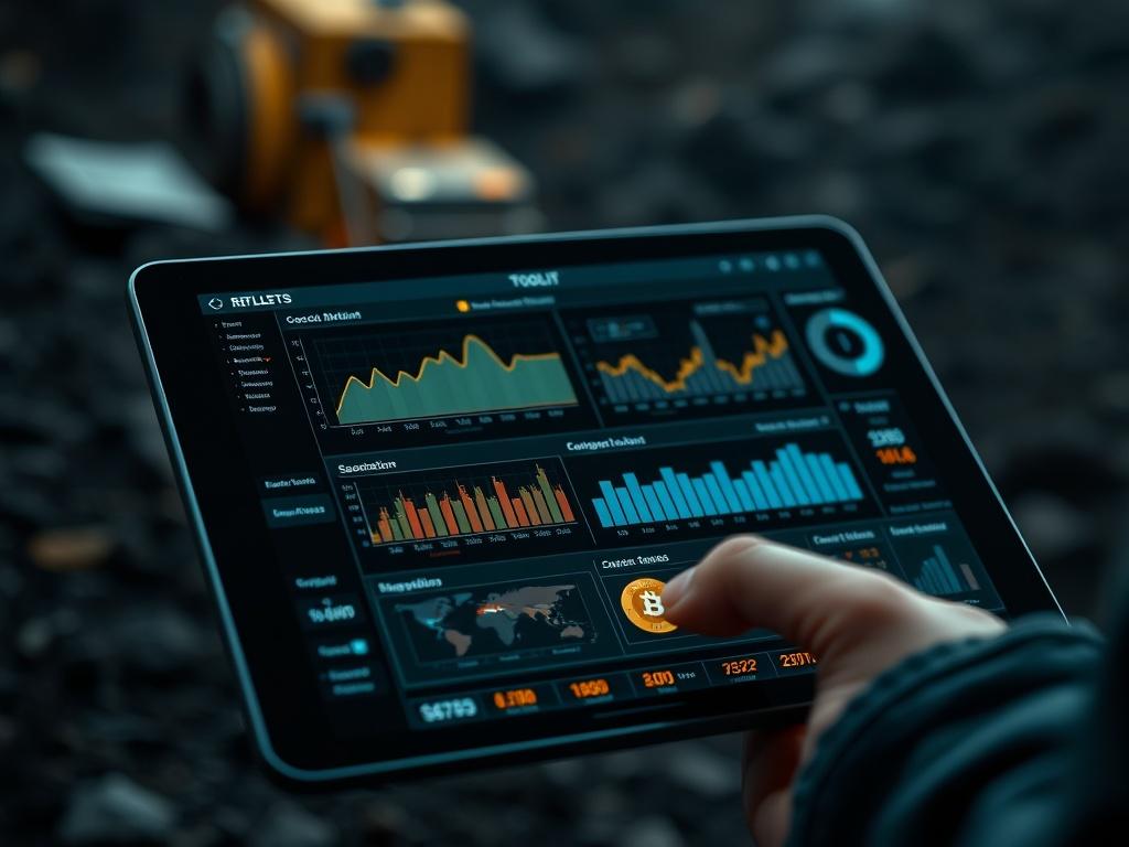 A hyper-realistic close-up shot of a digital toolkit interface on a tablet, featuring graphs, statistics, and optimization tools. The background should be a blurred mining site, highlighting the connection between technology and the mining industry.