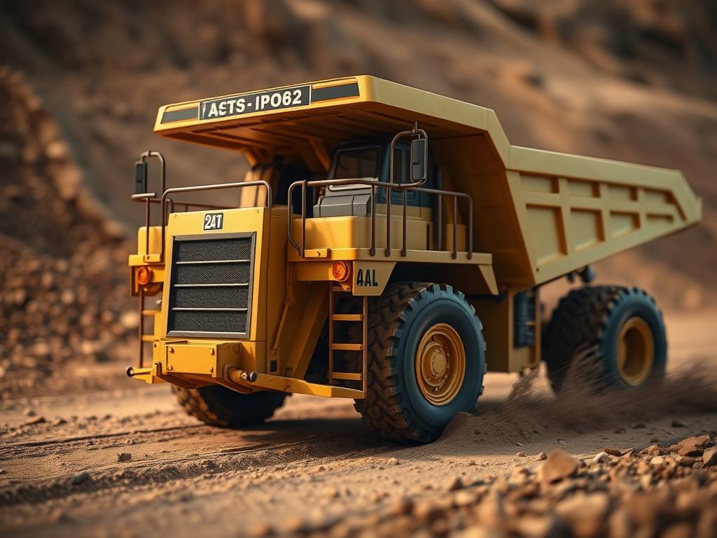 A hyper-realistic, close-up shot of a 3D animated simulated Truck-Shovel (TS) and In-Pit Crushing and Conveying (IPCC) haulage system. The animation should depict the intricate details of the machinery in action, showcasing the movement and operation within a mining environment. The background should be a realistic mining site with earthy tones, making the machinery stand out. The image should focus on the machinery, highlighting its features and functionality, shot with a 45mm f/1.2 lens style.