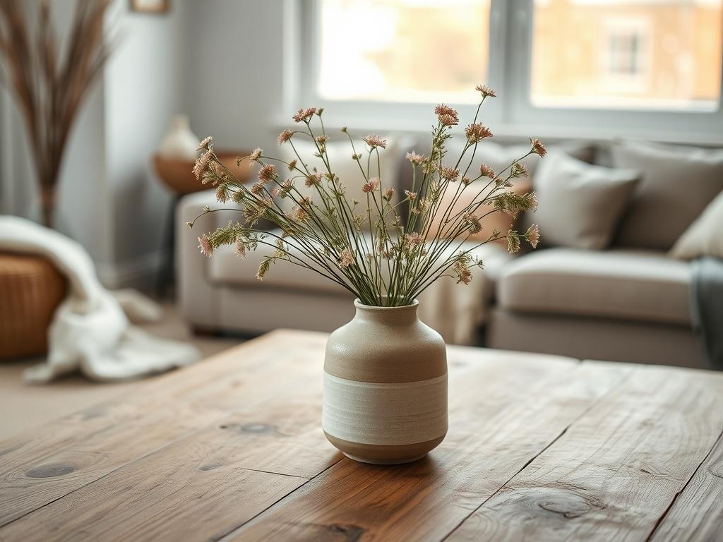 Create a realistic high-resolution photo that embodies the theme "Exploring Nordic Simplicity." The composition should be simple and clear, focusing on a single subject—a beautifully crafted wooden table featuring a minimalist ceramic vase filled with fresh wildflowers. The vase should exhibit clean lines and an understated elegance, echoing the principles of Nordic design. 

In the background, incorporate soft natural light streaming in through a large window, illuminating the warm, earthy textures of the 