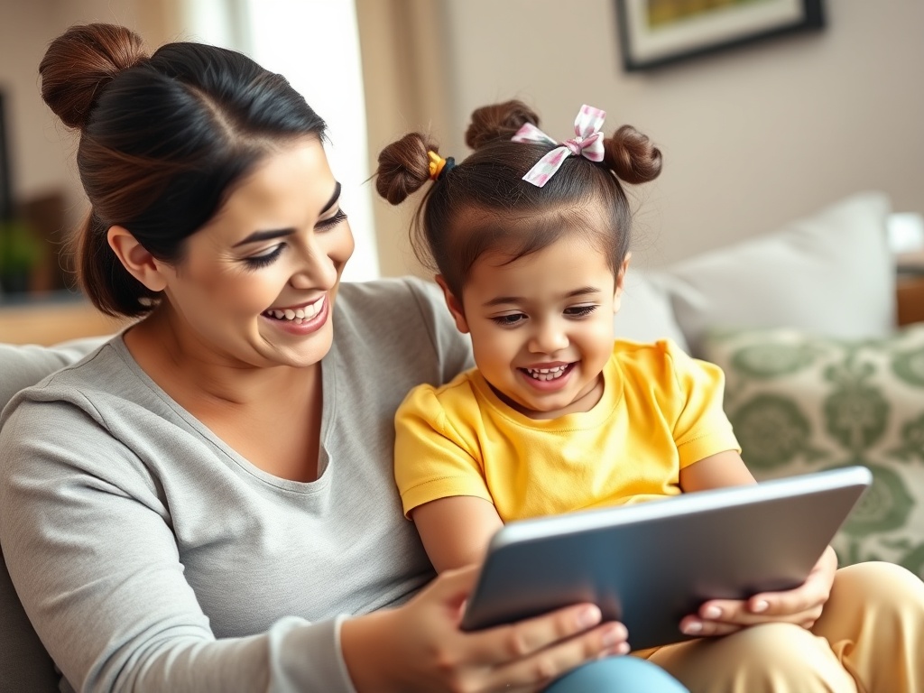 Parent and child learning together with tablet