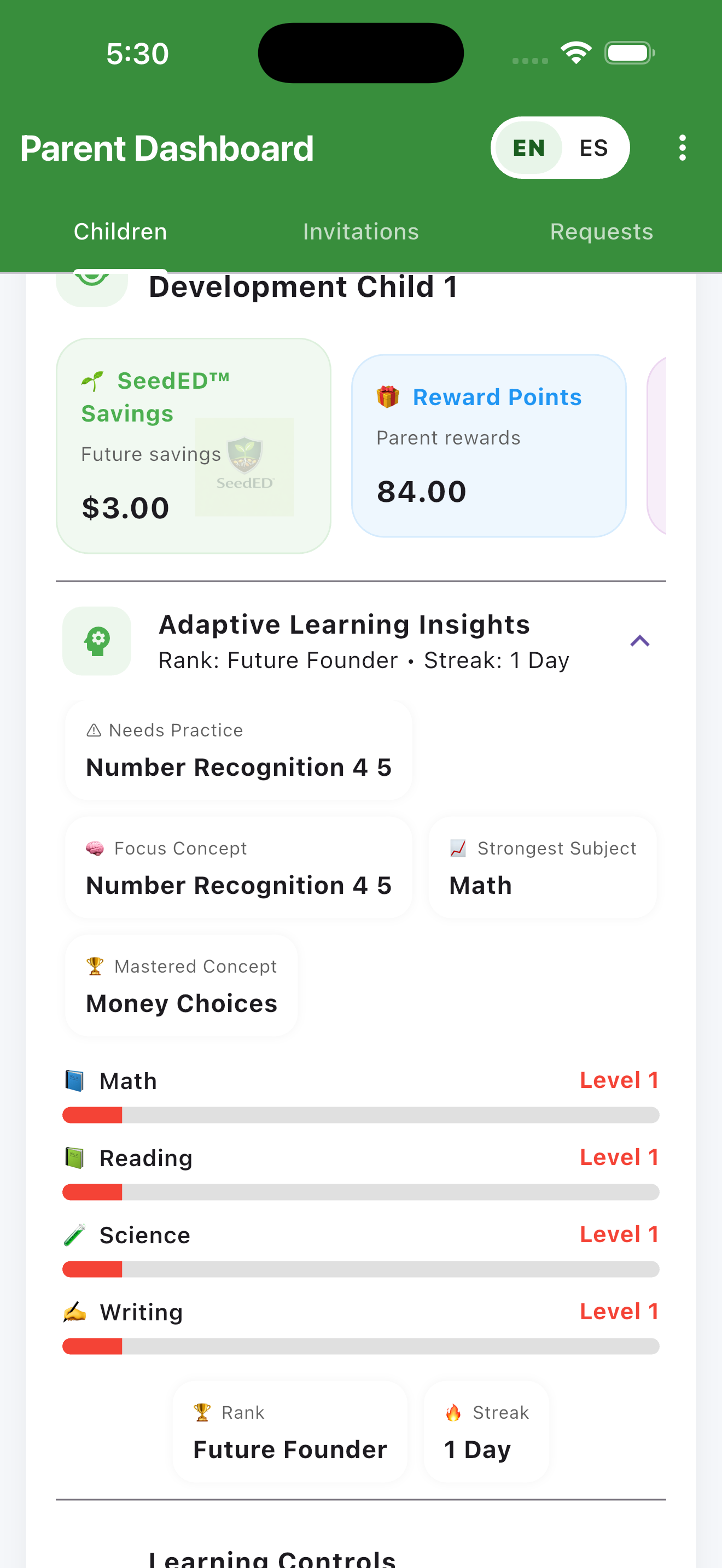 Actual Learn2Earn adaptive learning insights parent dashboard