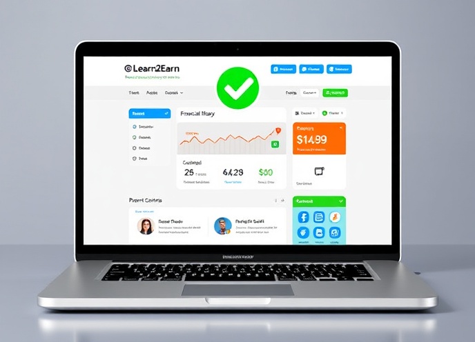 Learn2Earn platform on laptop showing financial literacy dashboard with checkmark
