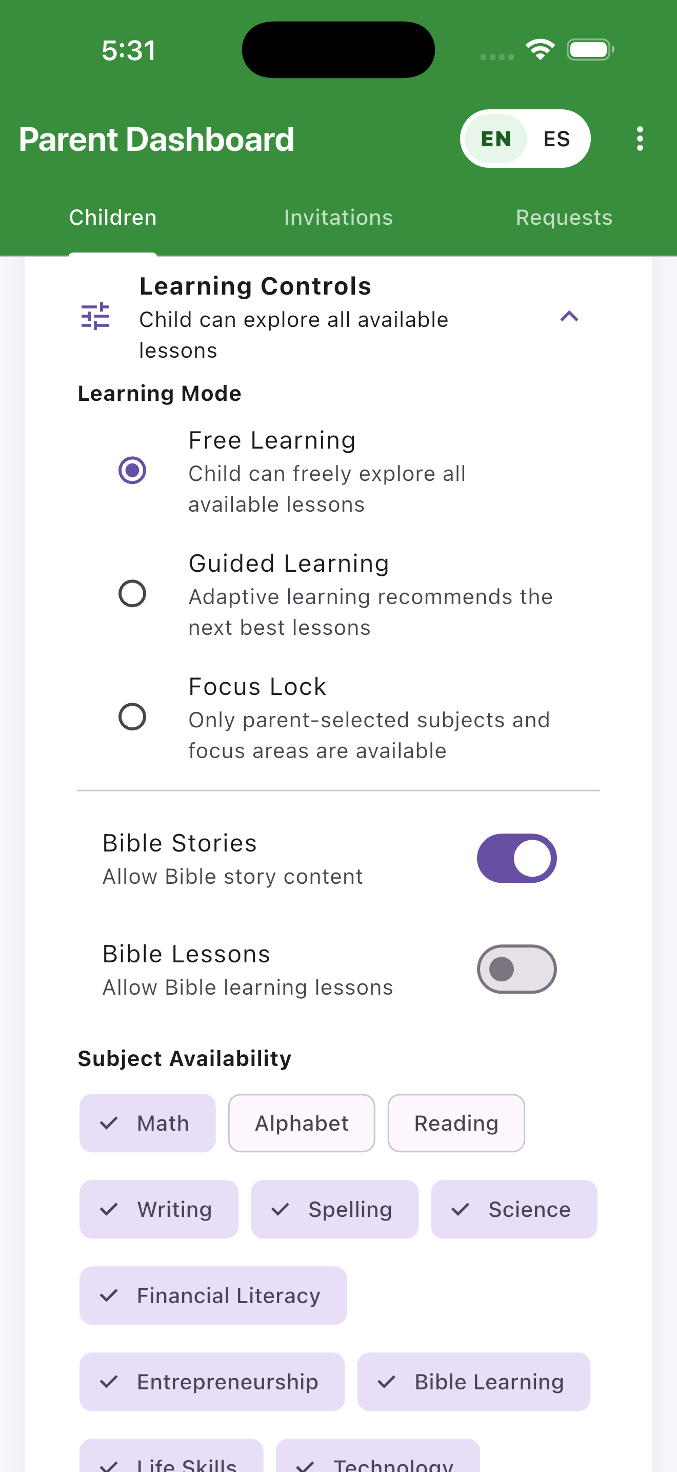 Actual Learn2Earn Parent Dashboard showing learning controls and oversight