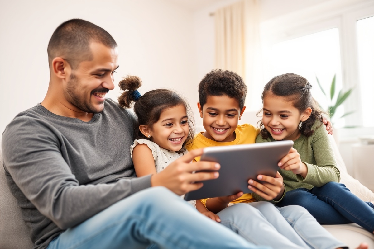 Diverse family learning together on tablet in home environment