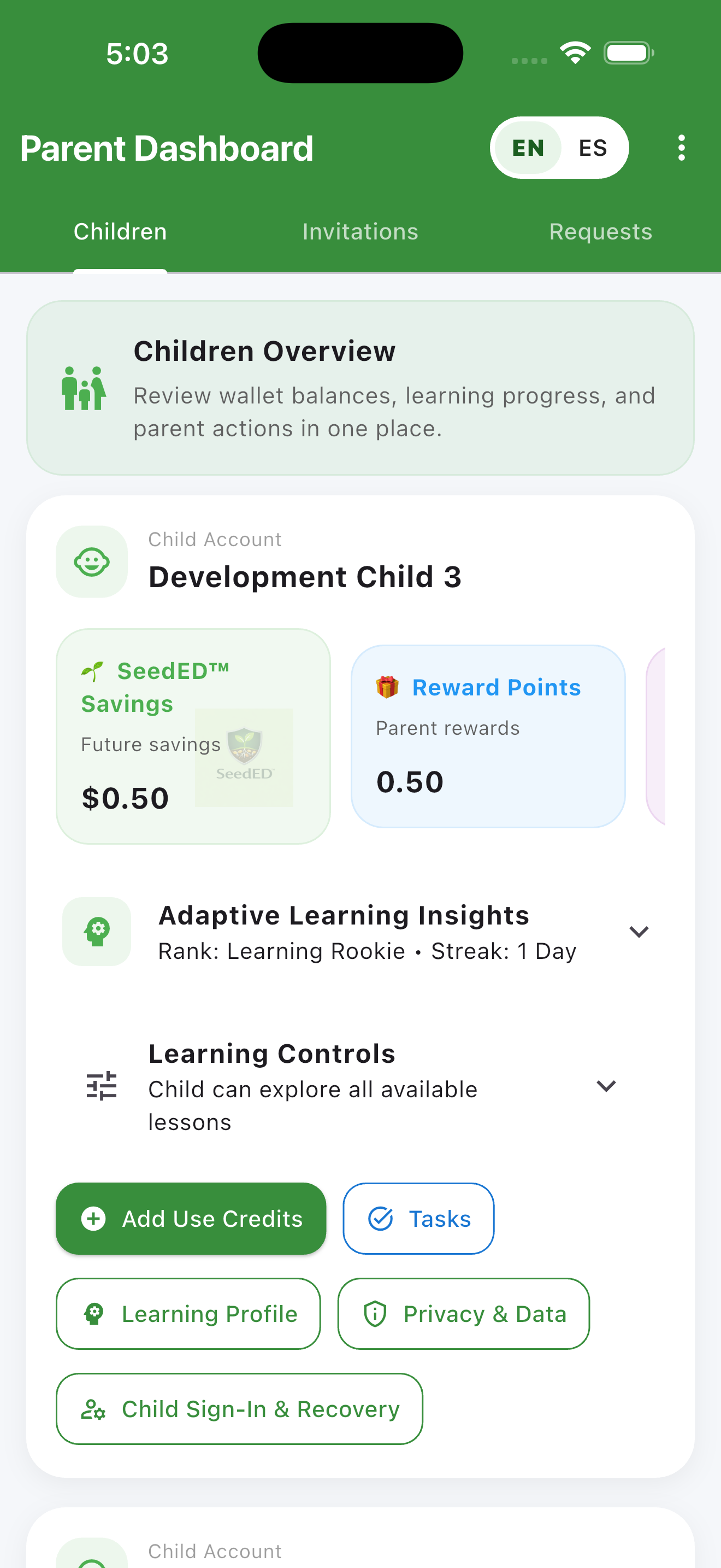 Learn2Earn Parent Dashboard showing real-time activity monitoring, earnings tracking, and safety controls