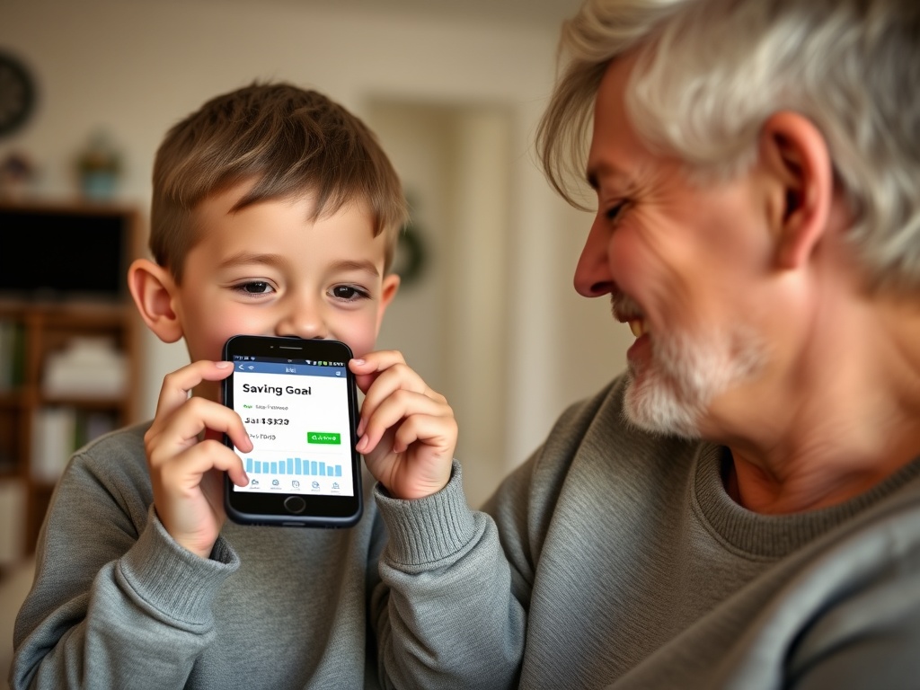 Young boy proudly showing his savings progress on a mobile phone to his parent