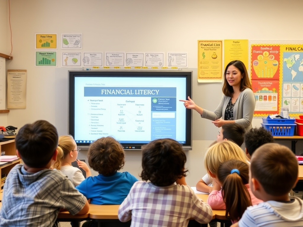 Teacher with diverse group of students learning financial literacy