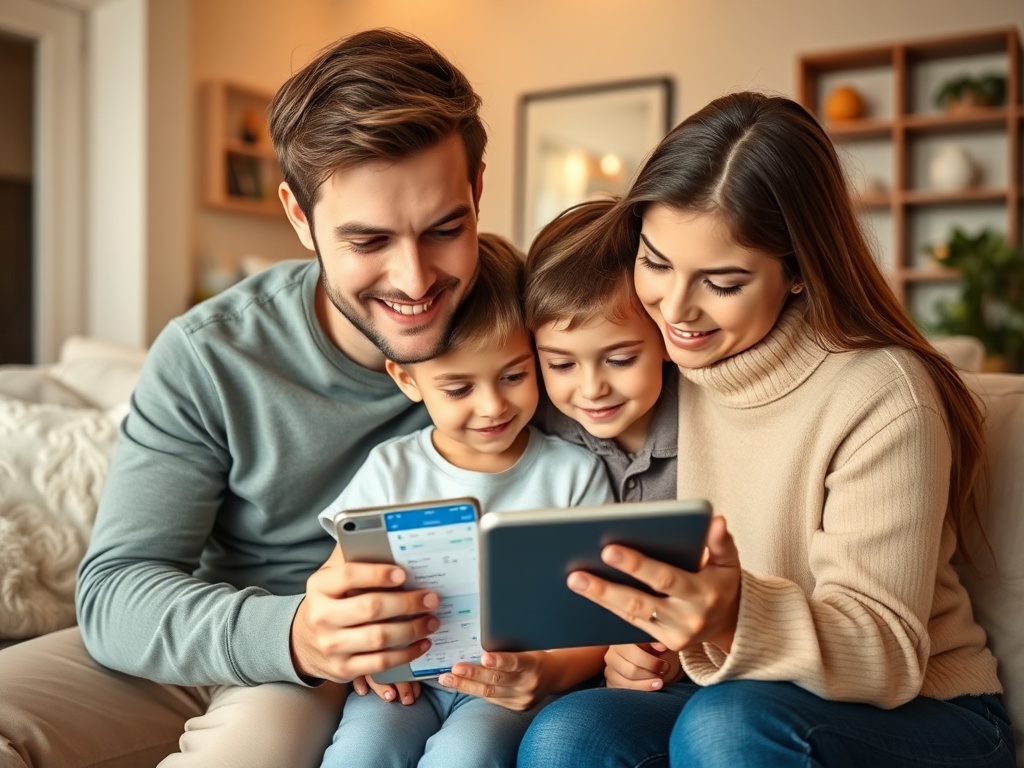 Family looking at tablet together in living room