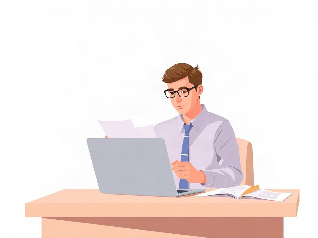 Create a high-quality illustration of a professional accountant at a desk, reviewing financial documents with a laptop open. The accountant should be focused and engaged, conveying a sense of trust and expertise. The background should be minimalistic and clean, featuring soft pastel colors like light blue and beige, with an emphasis on negative space to keep the composition clear and simple.