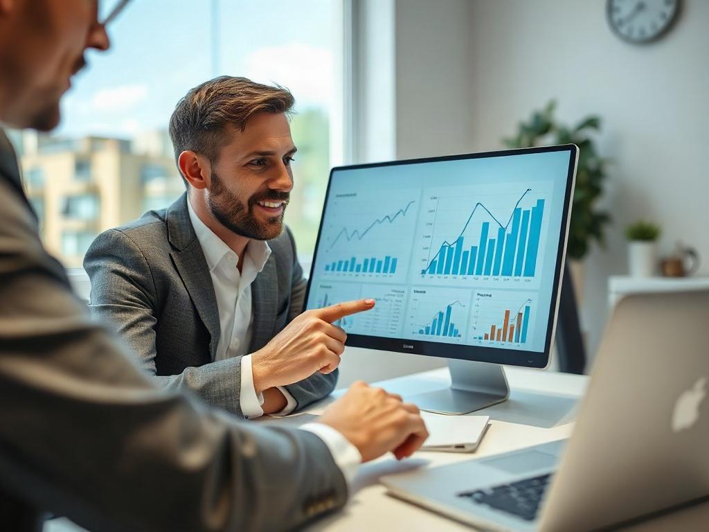 A close-up shot of a financial advisor discussing personalized strategies with a client. The scene features charts and graphs displayed on a laptop screen, indicating growth and progress. The advisor is pointing at the screen, explaining details enthusiastically. The setting is bright and professional, with a focus on the interaction between the advisor and the client, capturing a moment of collaboration.