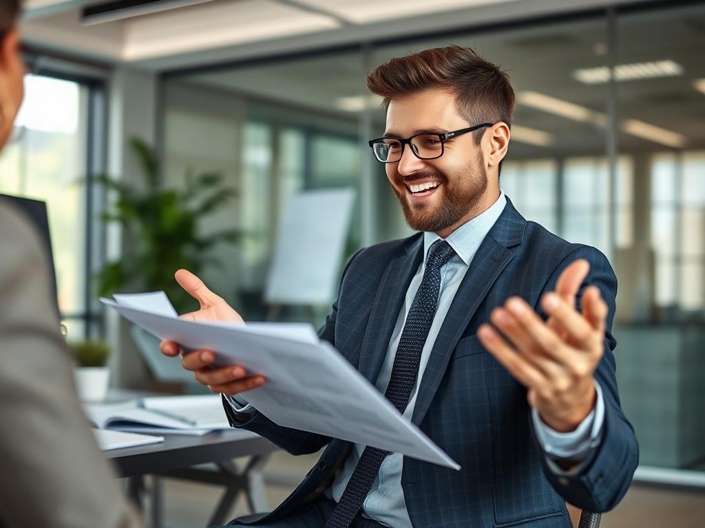 A close-up shot of a friendly accountant in a modern office, gesturing while discussing financial documents with a client. The background features a well-organized desk with a computer and financial reports. The image should capture the warmth of the consultation atmosphere.