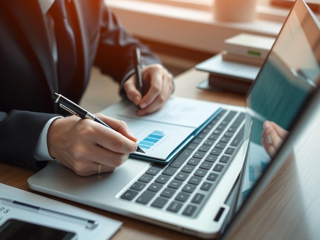 A close-up shot of an accountant analyzing financial data on a laptop while making notes on a notepad. The setting should reflect a professional office environment, emphasizing focus and attention to detail.