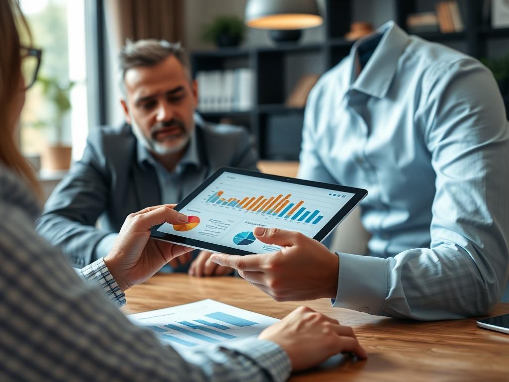 A close-up shot of an accountant meeting with clients to review financial progress using charts and graphs on a tablet. The background should reflect a cozy yet professional office setting.
