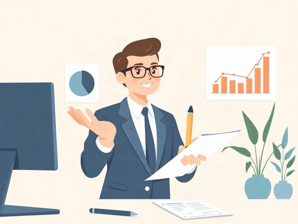 A minimalistic illustration of a CPA providing guidance, featuring a confident professional in a business setting, with charts and financial documents in the background, rendered in pastel colors, emphasizing clarity and professionalism.