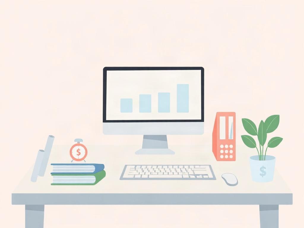 A simple and clear illustration depicting streamlined financial management, featuring a clean workspace with organized financial documents and a computer screen showing graphs, all in pastel colors.