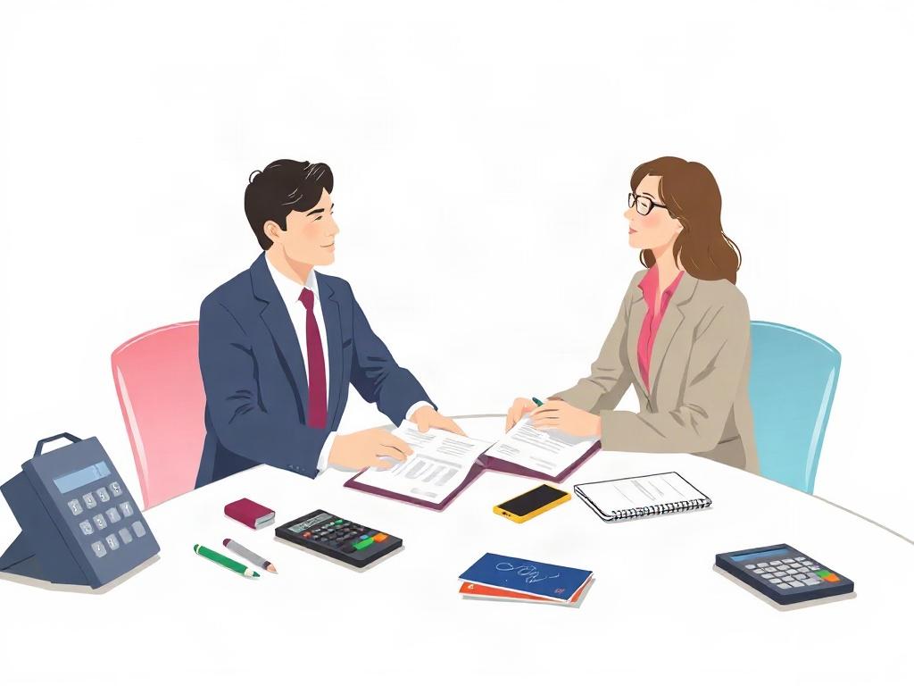 An illustration showing a tax optimization strategy session, with a CPA and a client discussing tax documents at a table, surrounded by calculators and financial tools, all in soft pastel tones.