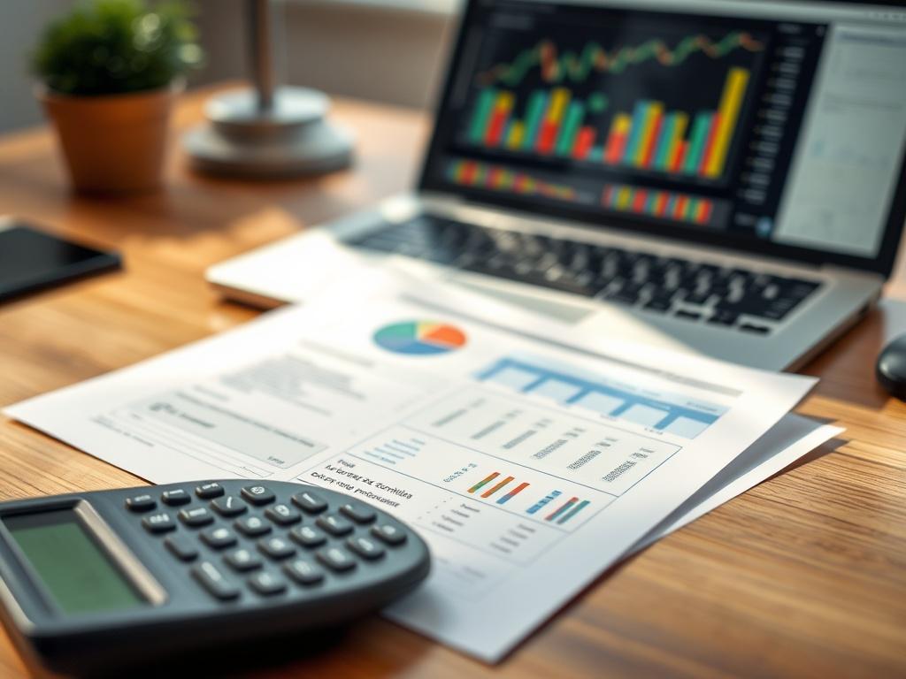 A close-up image of a financial report and a calculator on a wooden desk, with a laptop displaying graphs in the background. The scene conveys a sense of organization and professionalism, highlighting the importance of accurate financial tracking. Natural light casts a soft glow, enhancing the clarity of the documents.