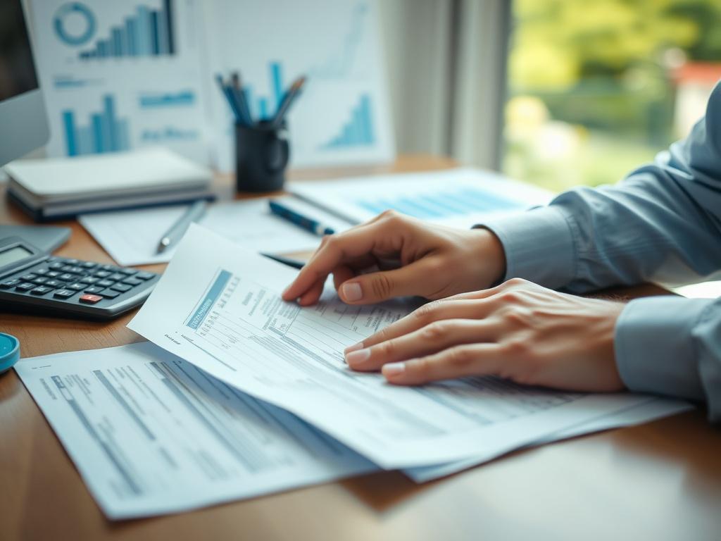 A close-up shot of a professional accountant reviewing tax documents on a desk, with a calculator and financial reports in the background. The accountant's hands are focused on the papers, showcasing a sense of diligence and attention to detail. Soft natural light illuminates the workspace, creating a warm and inviting atmosphere.