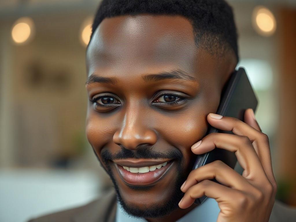 A close-up shot of a black professional on a phone call, showcasing a focused and engaged expression. The background is a soft, blurred office environment, emphasizing a warm and inviting atmosphere. The subject is dressed in business attire, with a slight smile, conveying a sense of professionalism and approachability. The image is rendered in hyper-realistic style, with vibrant colors and sharp details.