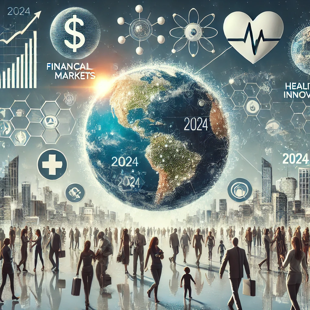 dall·e 2024-10-18 16.28.45 - a realistic representation of the global themes of 2024. the image should show financial markets with symbols like digital currency and graphs, health.webp