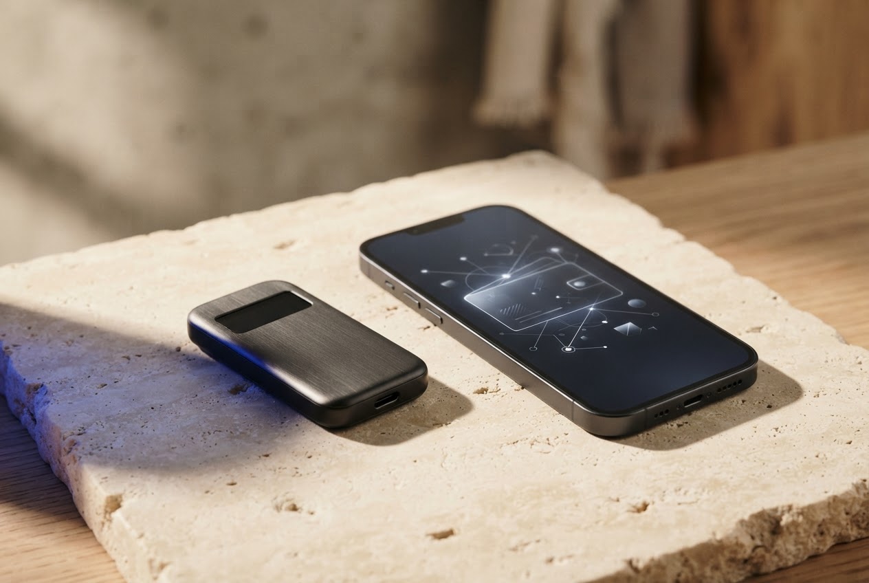 A hardware wallet and smartphone arranged in soft natural light