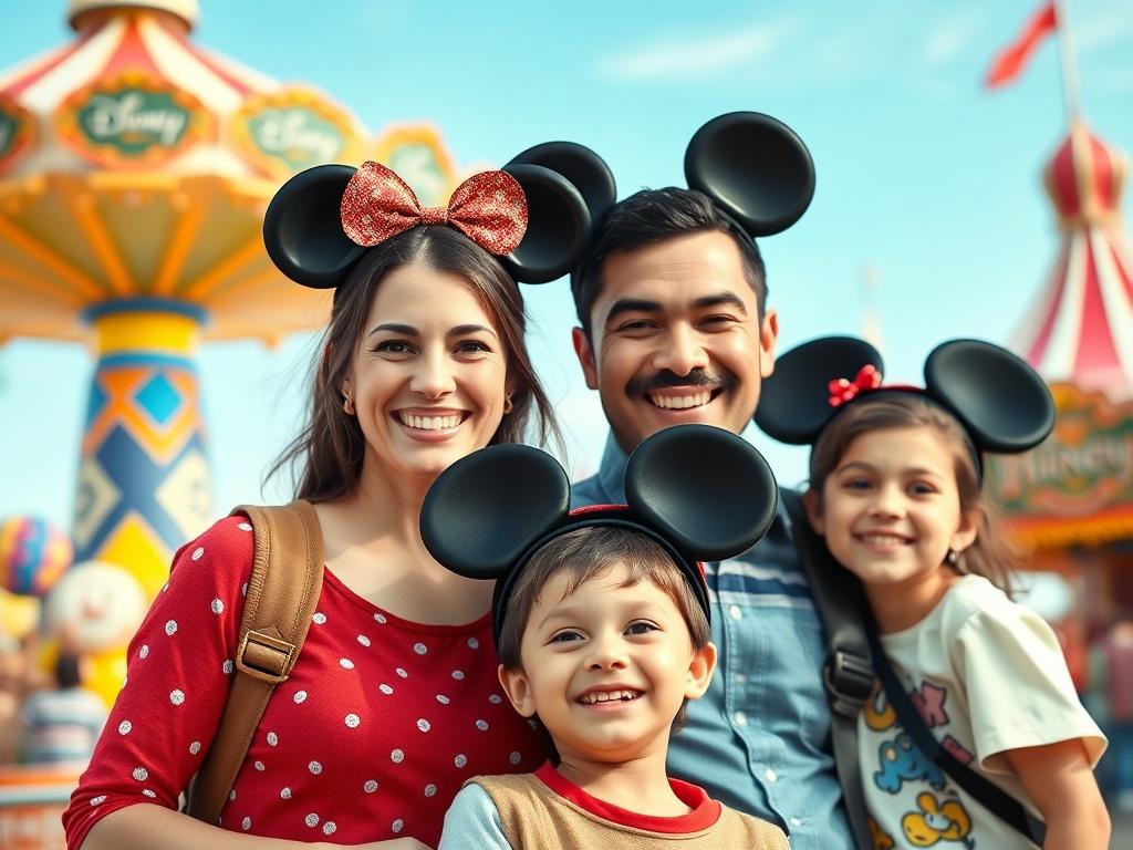 A joyful family of four enjoying a day at a theme park. A mom and dad stand smiling while wearing Mickey Mouse ears, with two children beside them, also wearing themed hats. The background features colorful amusement rides and a bright blue sky, capturing the excitement of a fun-filled family day out. The focus is on the family's expressions of happiness and togetherness.