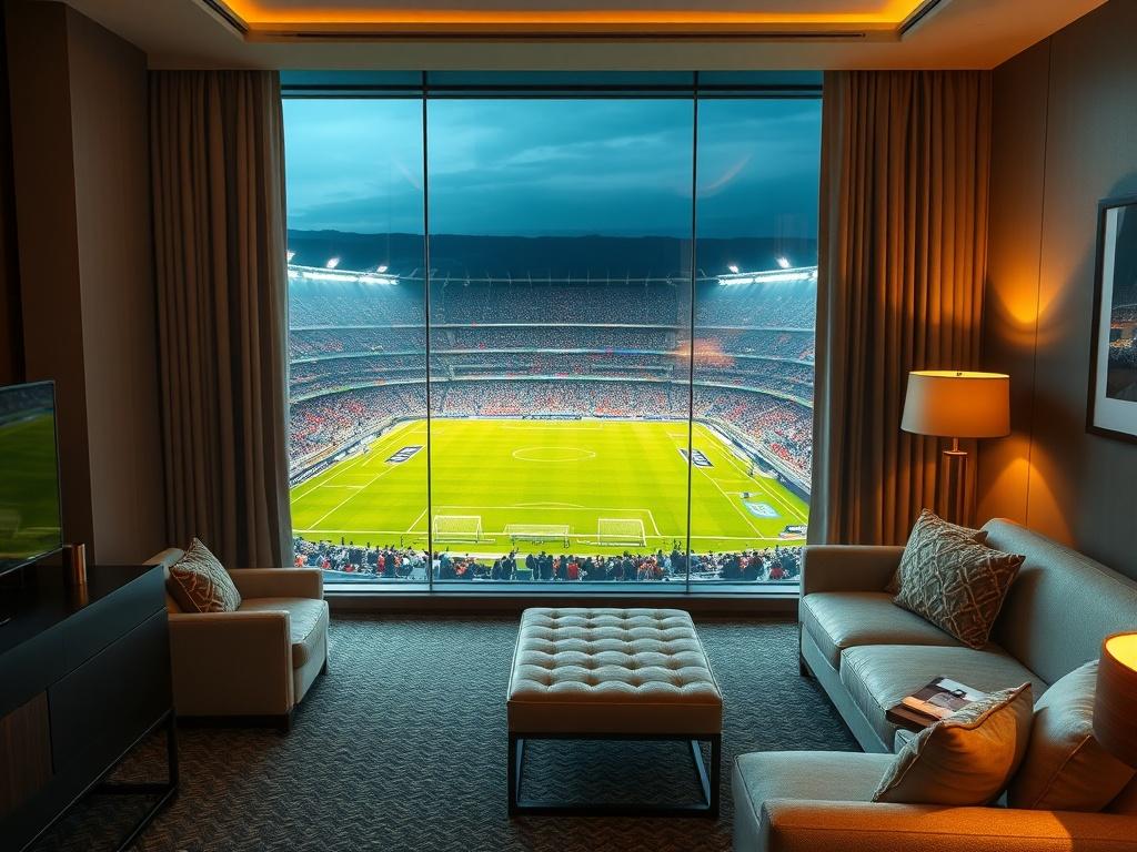 A luxurious hotel room with a stunning view of a football stadium. The room features elegant decor with soft lighting, plush furniture, and a large window showcasing the vibrant green field and bustling crowd of the stadium. The composition focuses on the contrast between the opulent interior of the hotel room and the excitement of the stadium outside, capturing the essence of luxury and thrill in sports.