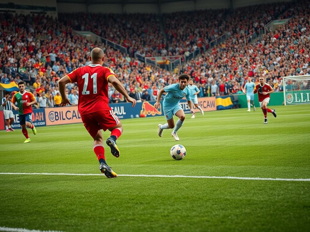 A vibrant and dynamic image of a football game in action, showcasing players in colorful uniforms on a well-maintained field. The composition focuses on a key moment, such as a player kicking the ball or diving for a catch, with fans in the background cheering excitedly. The lighting is bright and emphasizes the energy of the game, capturing the essence of sports excitement. The background is a stadium filled with enthusiastic spectators, creating a lively atmosphere.