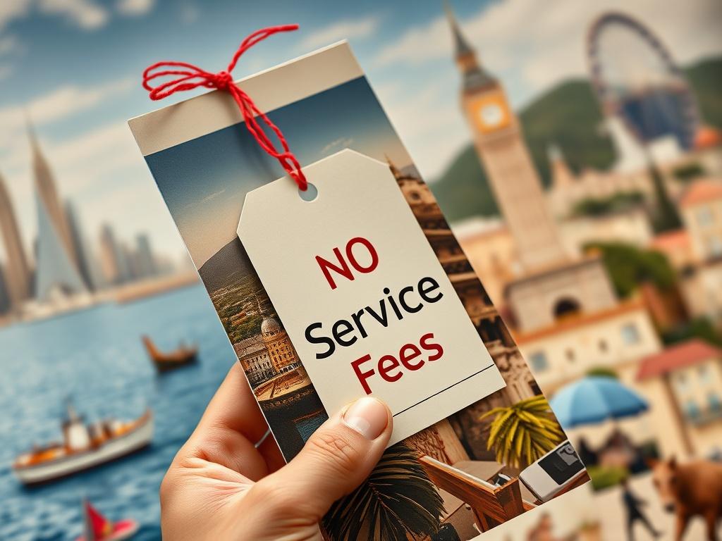 A hand holding a travel brochure with a price tag marked 'No Service Fees' prominently displayed, set against a backdrop of iconic travel destinations, symbolizing transparency and value.