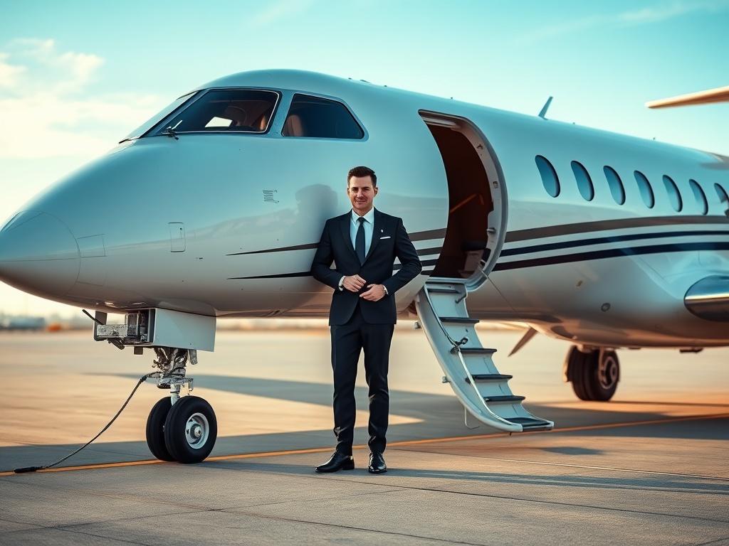 An elegant private jet parked on a tarmac, with a luxury chauffeur standing by an open door, ready to welcome passengers aboard, captured in a serene sky backdrop that conveys exclusivity and sophistication.