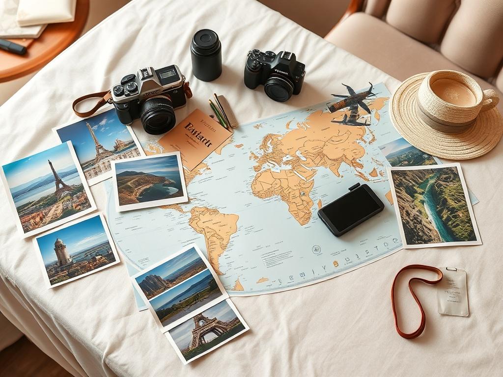 A beautifully arranged travel itinerary spread out on a luxurious table, featuring destination photos, maps, and travel accessories, with a soft, elegant background that evokes a sense of adventure and personalization.