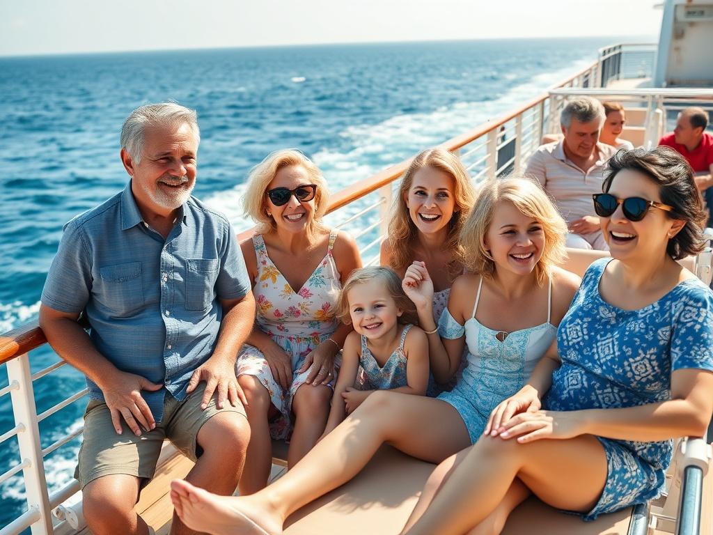 A multi-generational family enjoying a cruise, smiling and laughing together on a spacious deck. The scene captures a sunny day at sea, with the ocean waves gently splashing in the background. The family members, including grandparents, parents, and children, are dressed in colorful summer outfits, enjoying various activities such as taking photos, chatting, and relaxing on lounge chairs. The atmosphere is joyful and vibrant, showcasing the beauty of family bonding during a scenic cruise. The image should b