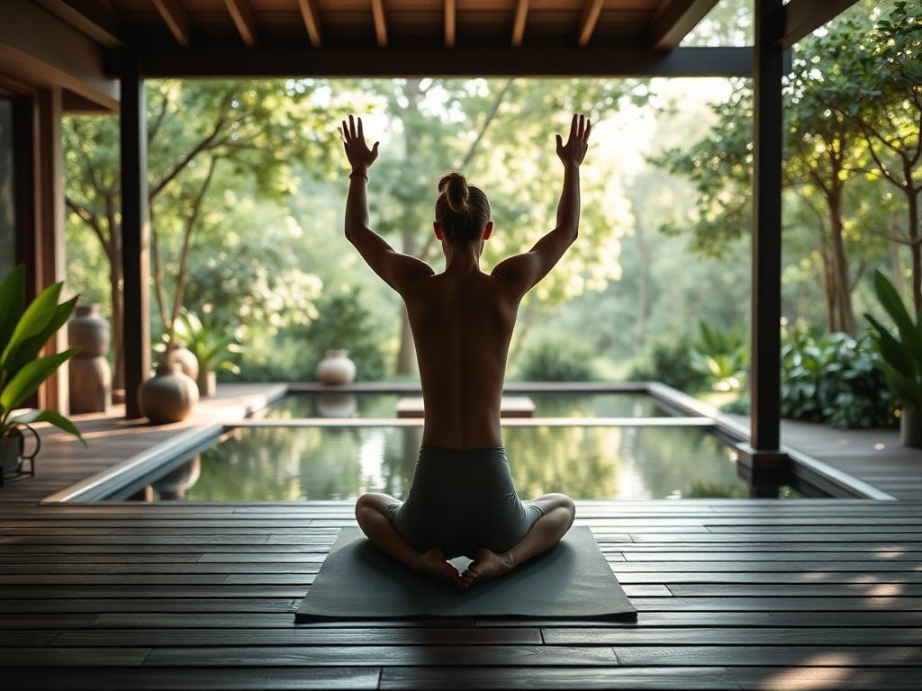A serene wellness retreat setting featuring a tranquil outdoor space with lush greenery and a calming water feature. The focus is on a person practicing yoga on a wooden deck, surrounded by nature. The background includes soft sunlight filtering through the trees, creating a peaceful and inviting atmosphere. The color palette emphasizes soft greens and earthy tones, reflecting a sense of calm and rejuvenation.