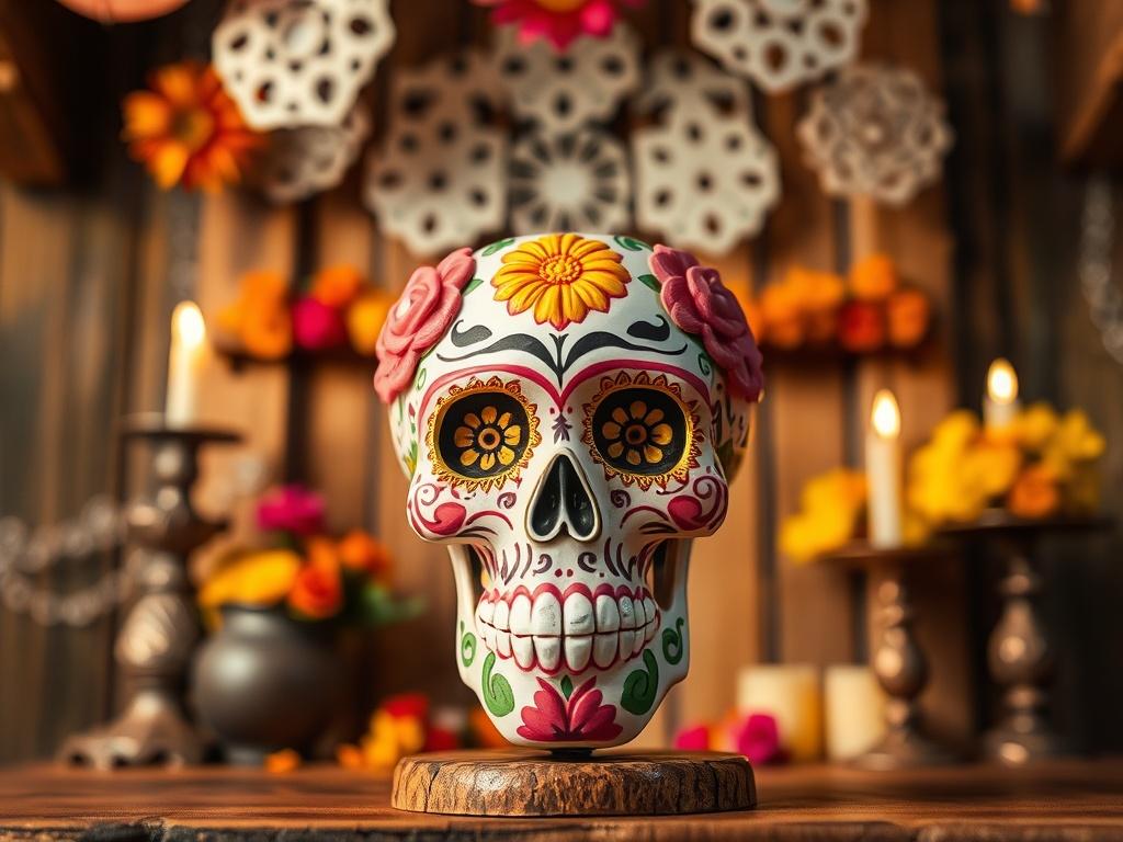 Create a realistic high-resolution photo that captures the essence of **Día de los Muertos** (Day of the Dead). The composition should focus on a beautifully adorned sugar skull, emphasizing intricate details such as colorful floral patterns, delicate designs, and vibrant hues like pink, yellow, and purple. The sugar skull should be placed centrally against a softly blurred background that features a rustic wooden altar adorned with marigolds and candles, evoking the traditional altars seen during the celeb