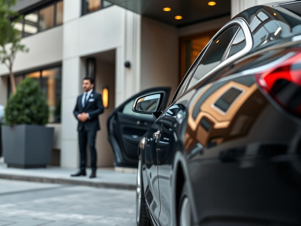 A high-end luxury vehicle parked outside a sleek urban hotel. The shot focuses on the polished exterior of the car, showcasing its elegant design and shiny finish. In the background, a well-dressed chauffeur stands by the open door, ready to assist. The scene conveys a sense of professionalism and luxury, highlighting the premium ground transportation experience. The image captures the essence of comfort and class, perfect for discerning travelers.