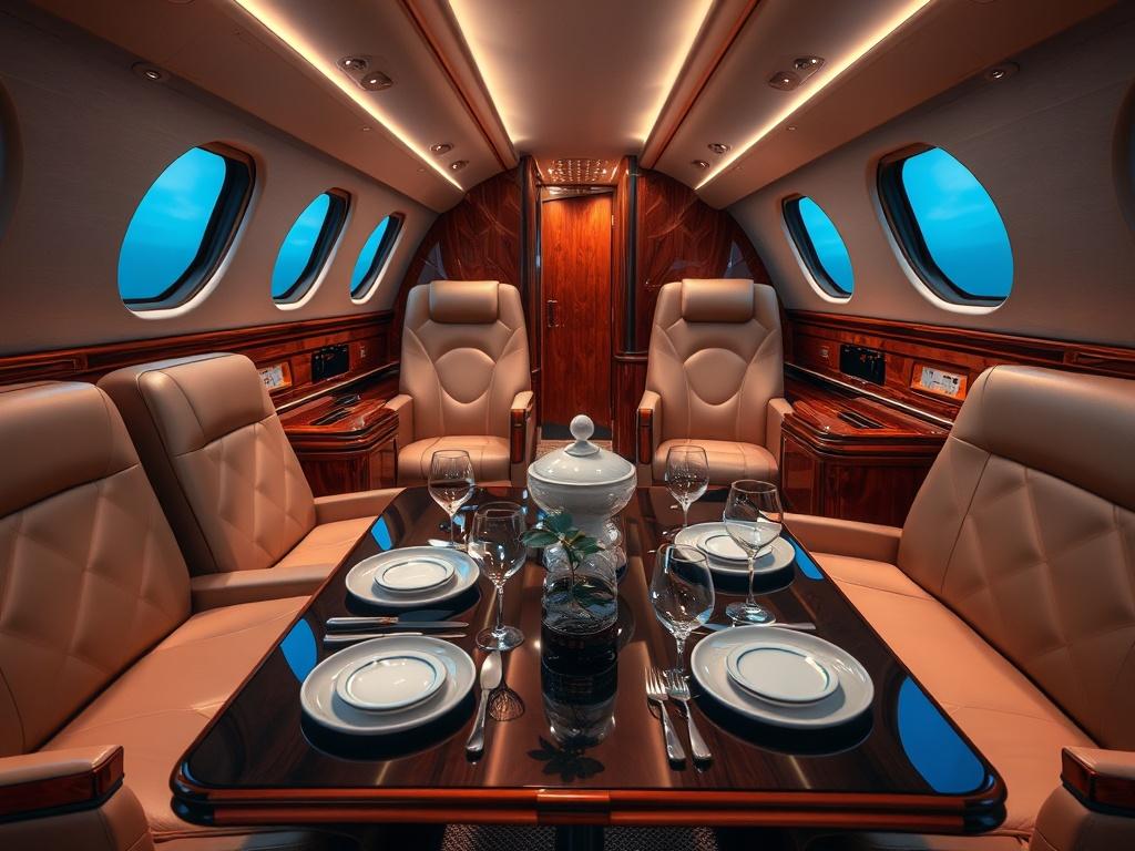 A luxurious interior of a private jet, showcasing plush leather seating, elegant wood paneling, and ambient lighting. The focus is on a beautifully set dining table with fine china and crystal glassware, surrounded by the jet's plush interior. In the background, large windows reveal a clear blue sky, emphasizing the exclusivity and comfort of private air travel.
