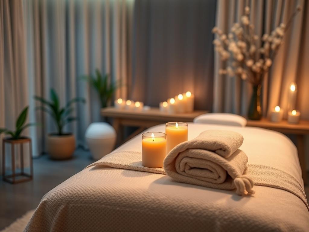 A serene and inviting wellness spa interior, featuring a tranquil treatment room with soft ambient lighting. The focal point is a massage table adorned with plush towels and calming aromatherapy candles. In the background, delicate plants and soft fabrics create a soothing atmosphere, reflecting relaxation and rejuvenation. The composition emphasizes comfort and serenity, ideal for promoting wellness and self-care.